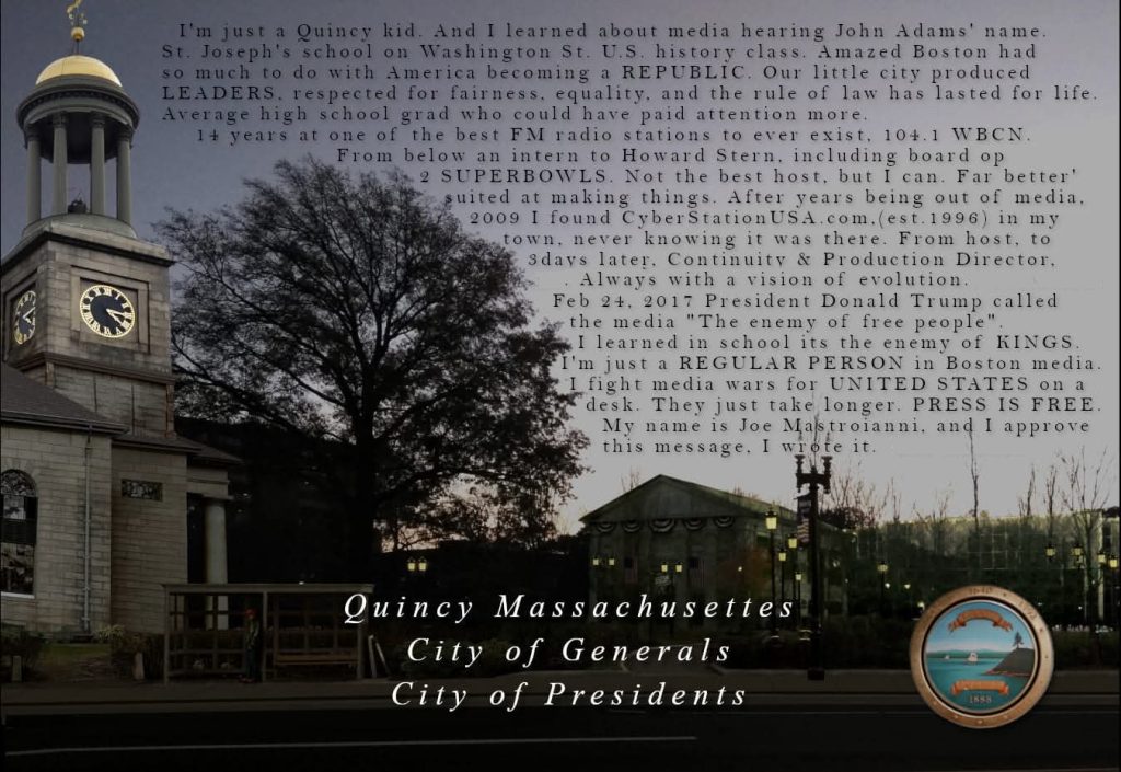 Mission statement from Joe Mastroianni over a photo of Quincy Massachusetts